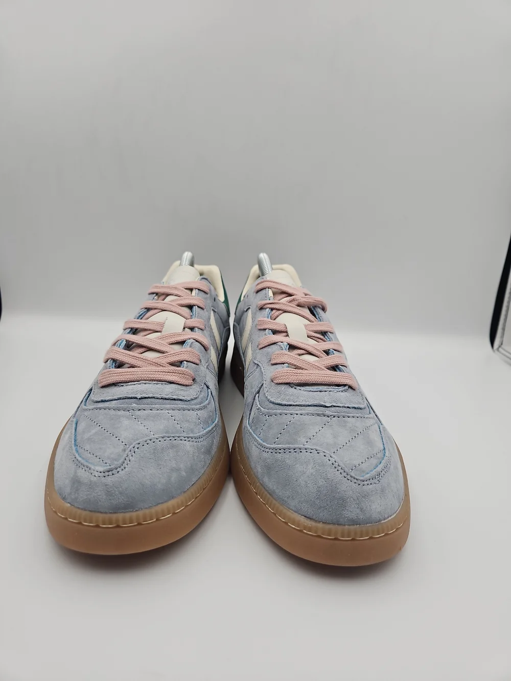 Coolway Light Blue Suede Sneakers with Cream Stripes and Pink Laces